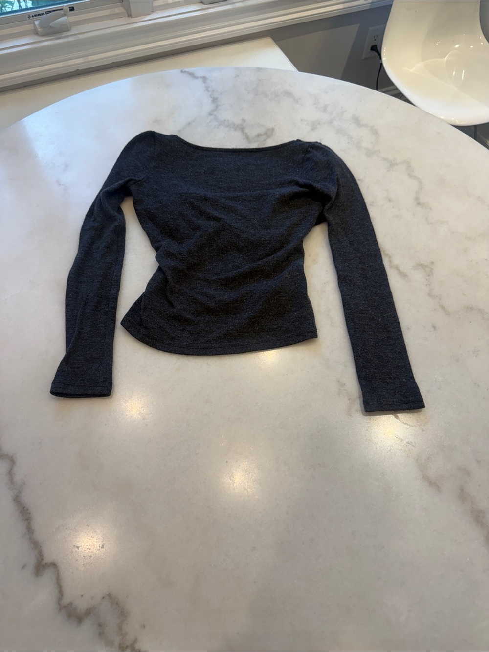 Long Sleeve charcoal top with open cowl back and puff shoulder